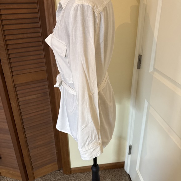 Stradivarius White Linen Blend Roll Tab Sleeve Utility Belted Shirt Size Medium - Picture 3 of 9